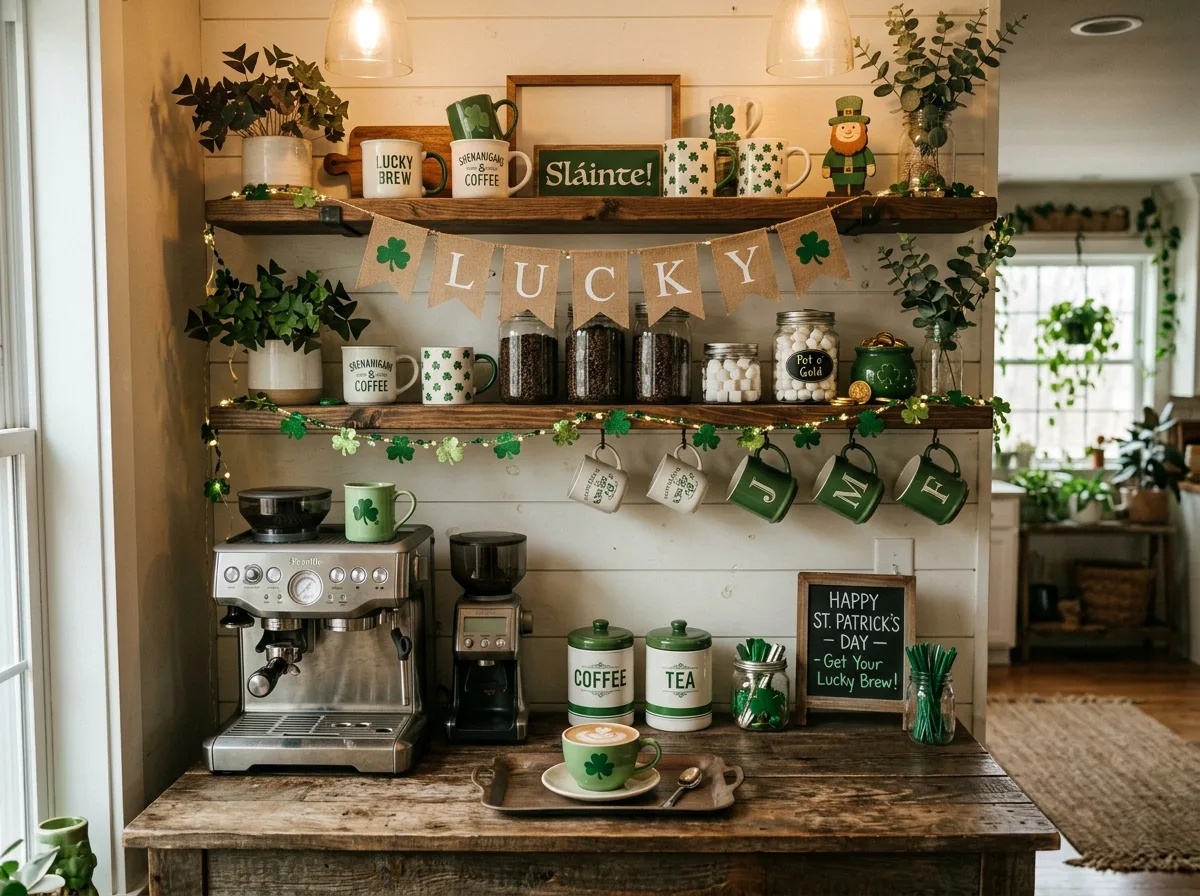 Rustic St. Patrick’s Coffee Bar Setup for 10 rustic farmhouse st. patrick's day decor ideas